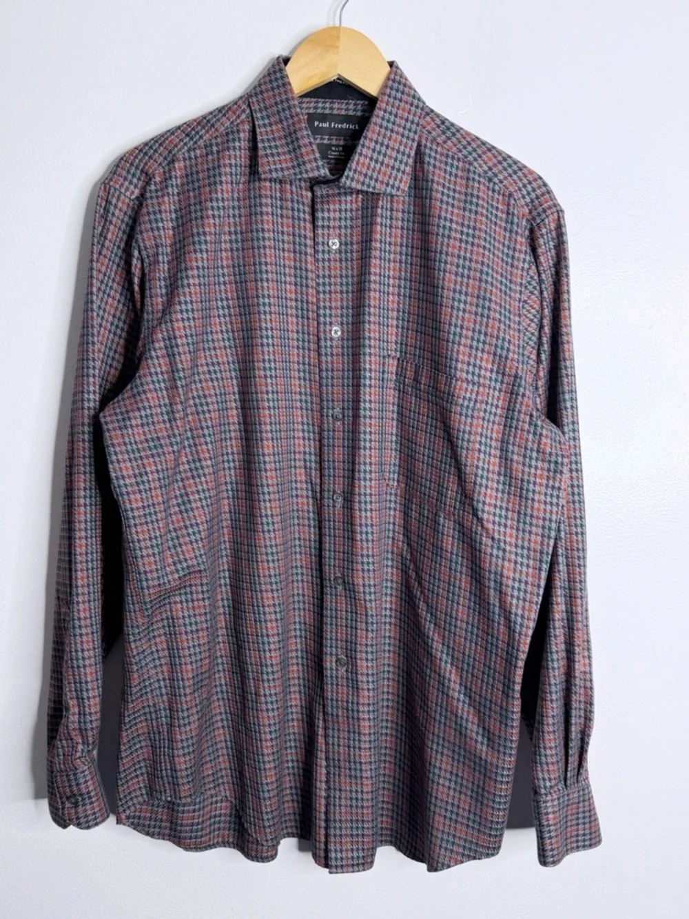 Paul Fredrick Houndstooth Plaid Multicolor Shirt 16 Classic Preppy‎ Smart Casual